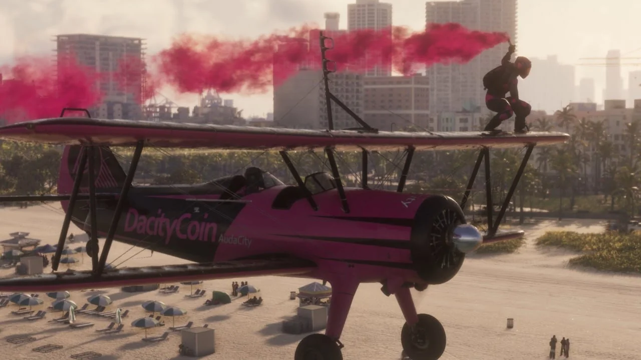 Pink stunt plane with the DacityCoin name circled